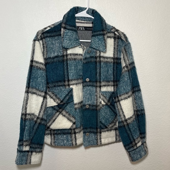 Zara Teal and White Plaid Kids Shacket - Picture 4 of 6
